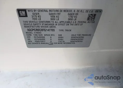 2015 Chevrolet Silverado 1500 1Lt z USA, uszkodzony, nr VIN 3GCPCREC8FG147765